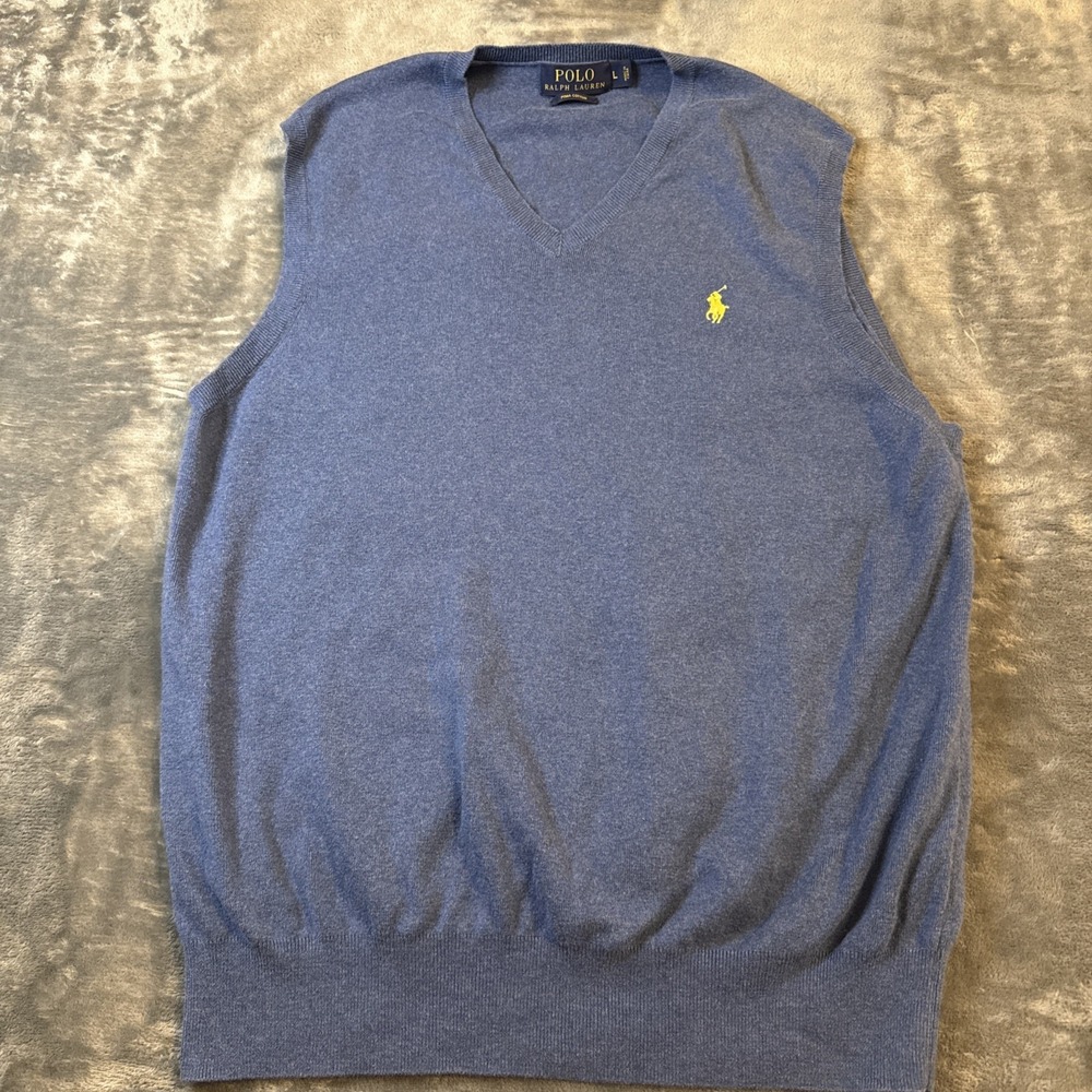 Polo Ralph Lauren Mens V-Neck Sweater Vest Pima Cotton Blue Logo L
